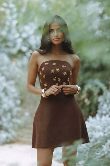 Brown Strapless Mini Evening Dress with Stone Embellishments